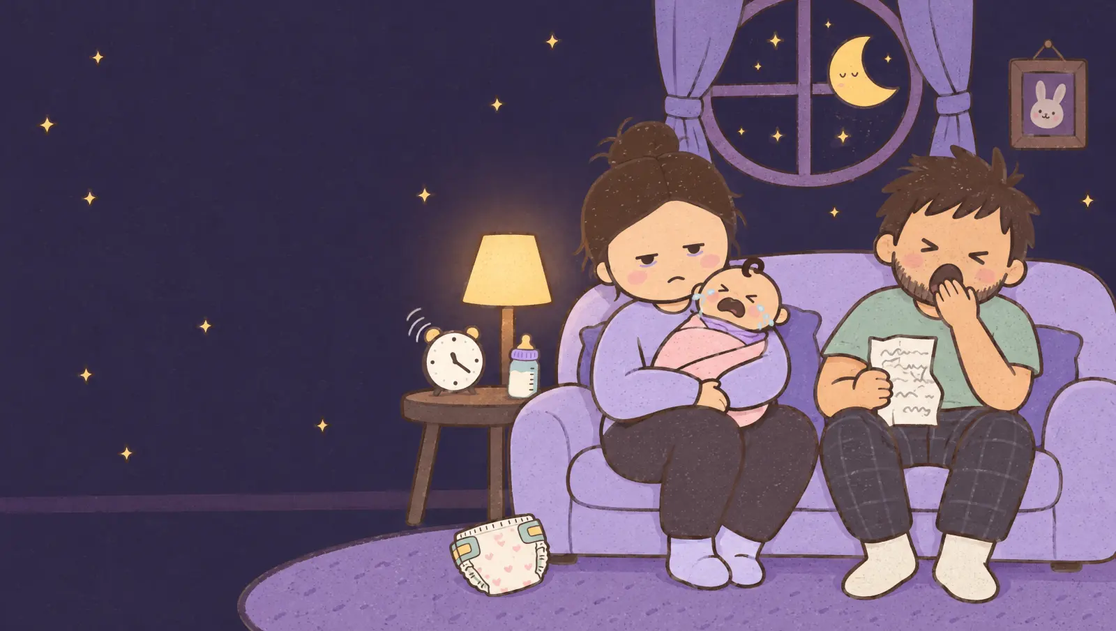 Two exhausted parents on a sofa at night, one holding a crying baby, the other yawning over a scribbled note.